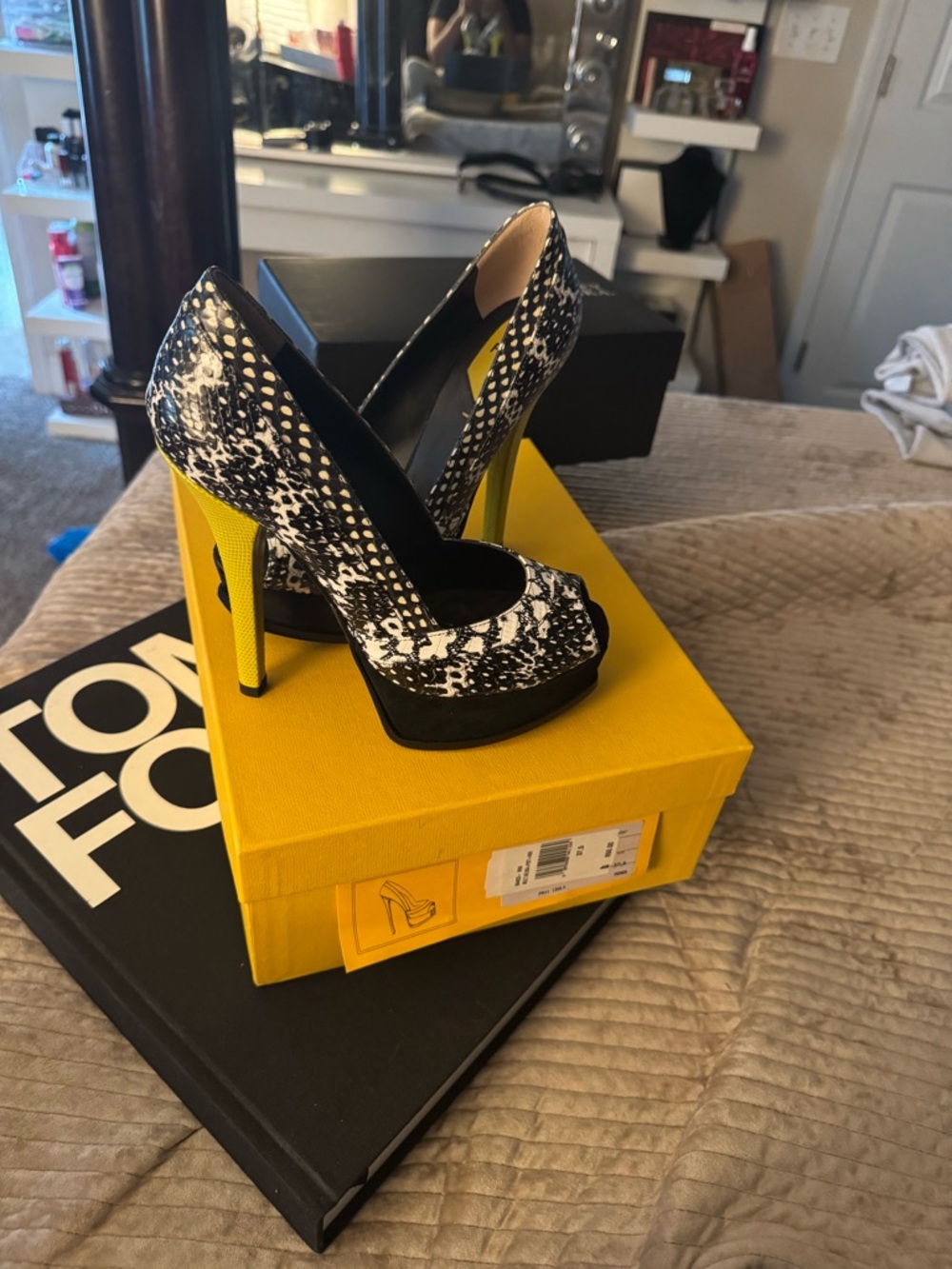 Fendi Black & White Snakeskin Platform Pump with Yellow Heel